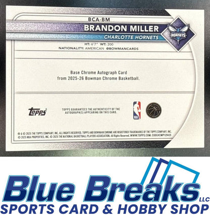 2025 Bowman Sapphire Brandon Miller #BCA-BM Chrome Auto Gold Refractor 50/50 Charlotte Hornets