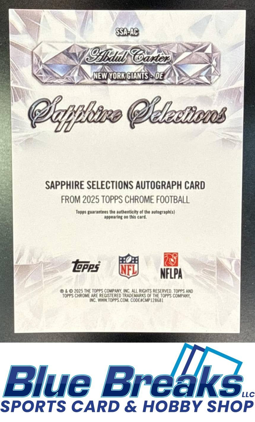 2025 Topps Chrome Sapphire Abdul Carter #SSA-AC Selections Auto Gold Refractor 43/50 RC New York Giants