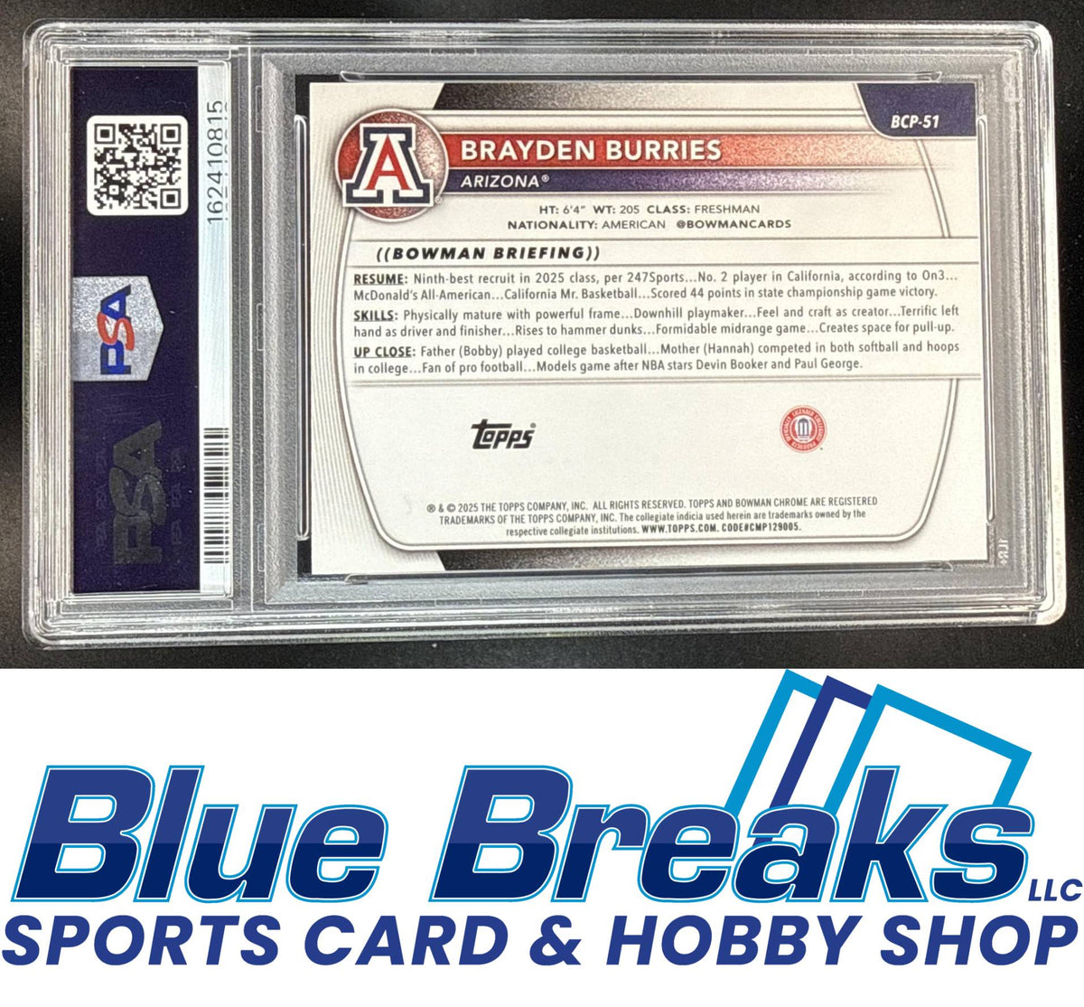 2025 Bowman Brayden Burries #BCP-51 Chrome Speckle Refractor 184/299 1st Prospect PSA 9 Arizona Wildcats / Milwaukee Bucks