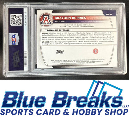 2025 Bowman Brayden Burries #BCP-51 Chrome Speckle Refractor 184/299 1st Prospect PSA 9 Arizona Wildcats / Milwaukee Bucks