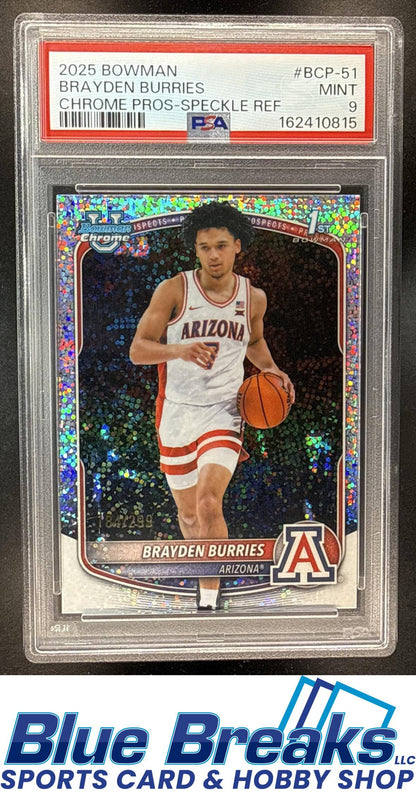 2025 Bowman Brayden Burries #BCP-51 Chrome Speckle Refractor 184/299 1st Prospect PSA 9 Arizona Wildcats / Milwaukee Bucks