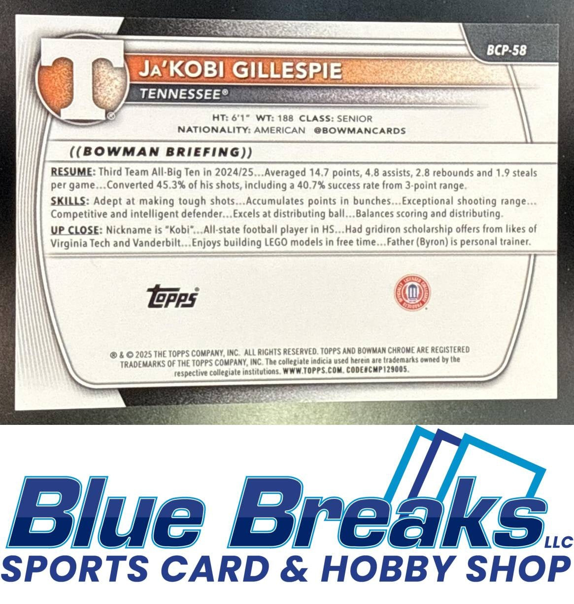 2025 Bowman Ja'Kobi Gillespie #BCP-58 Chrome Orange Geometric Refractor 20/25 1st Prospect Tennessee Volunteers