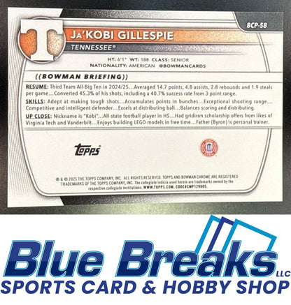 2025 Bowman Ja'Kobi Gillespie #BCP-58 Chrome Orange Geometric Refractor 20/25 1st Prospect Tennessee Volunteers