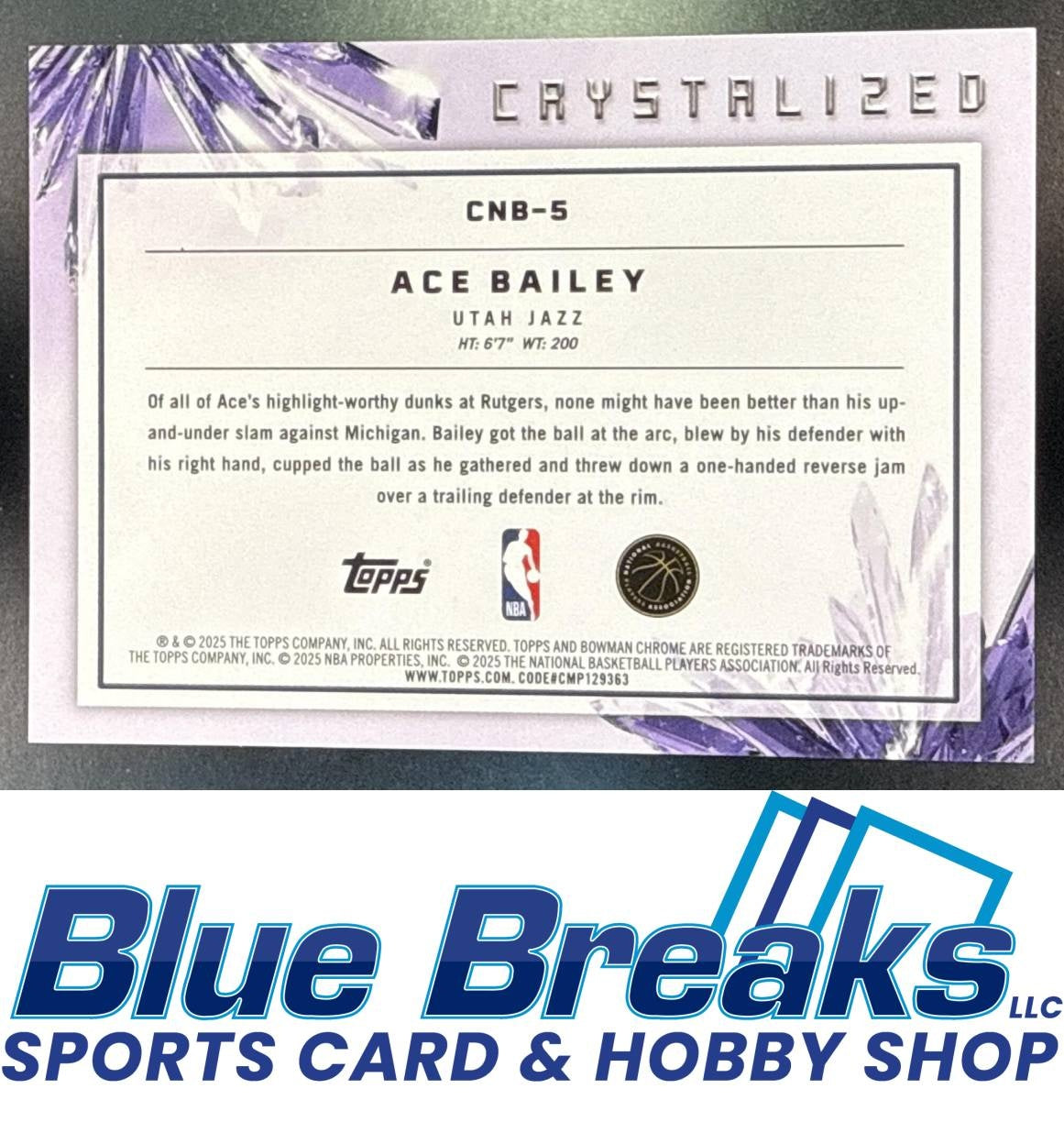 2025-26 Bowman Chrome Crystalized Ace Bailey RC #CNB-5 SSP Utah Jazz