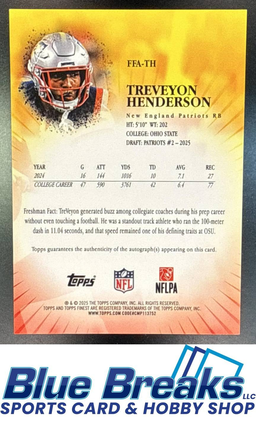 2025 Topps Finest TreVeyon Henderson #FFA-TH Freshman Auto Blue Geometric Refractor 69/99 RC New England Patriots