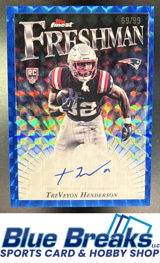 2025 Topps Finest TreVeyon Henderson #FFA-TH Freshman Auto Blue Geometric Refractor 69/99 RC New England Patriots