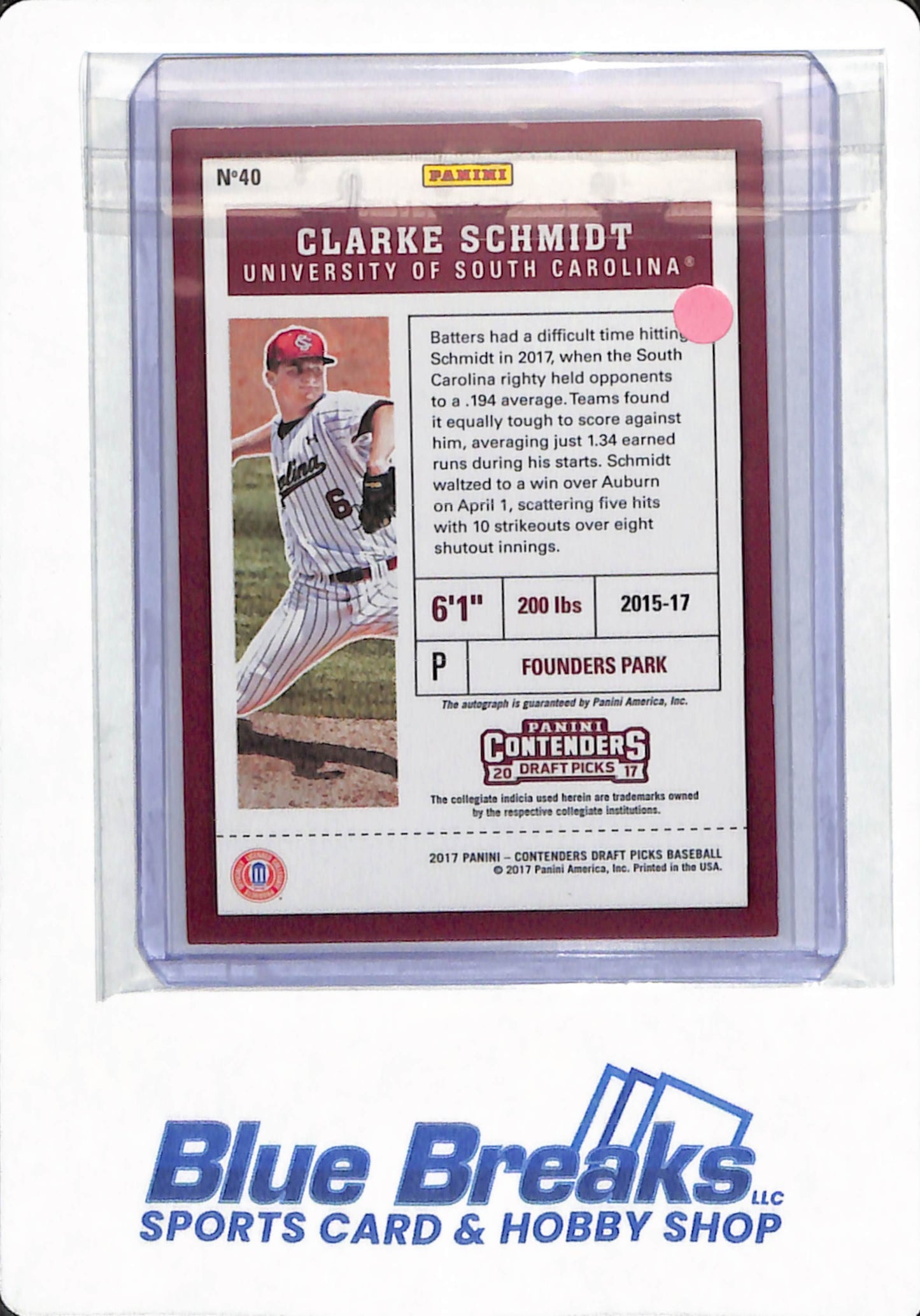 2017 Panini Contenders - Clarke Schmidt - - University of South Carolina / New York Yankees - Baseball - Autographed - 39/99