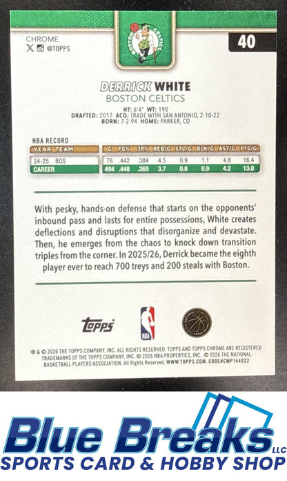 2025 Topps Chrome Update Derrick White #40 Blue Basketball Refractor 034/150 Boston Celtics