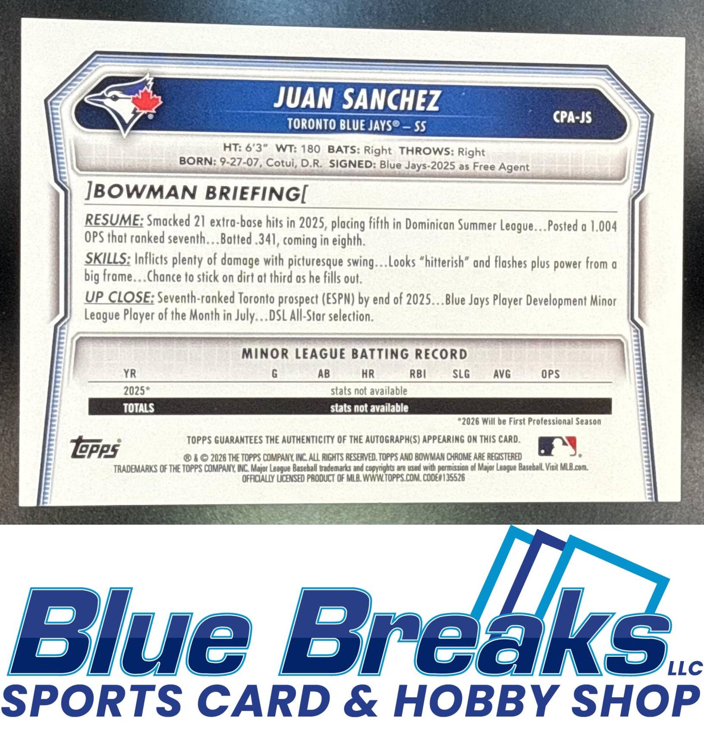 2026 Bowman Juan Sanchez #CPA-JS Chrome Auto Green Refractor 39/99 1st Prospect Toronto Blue Jays