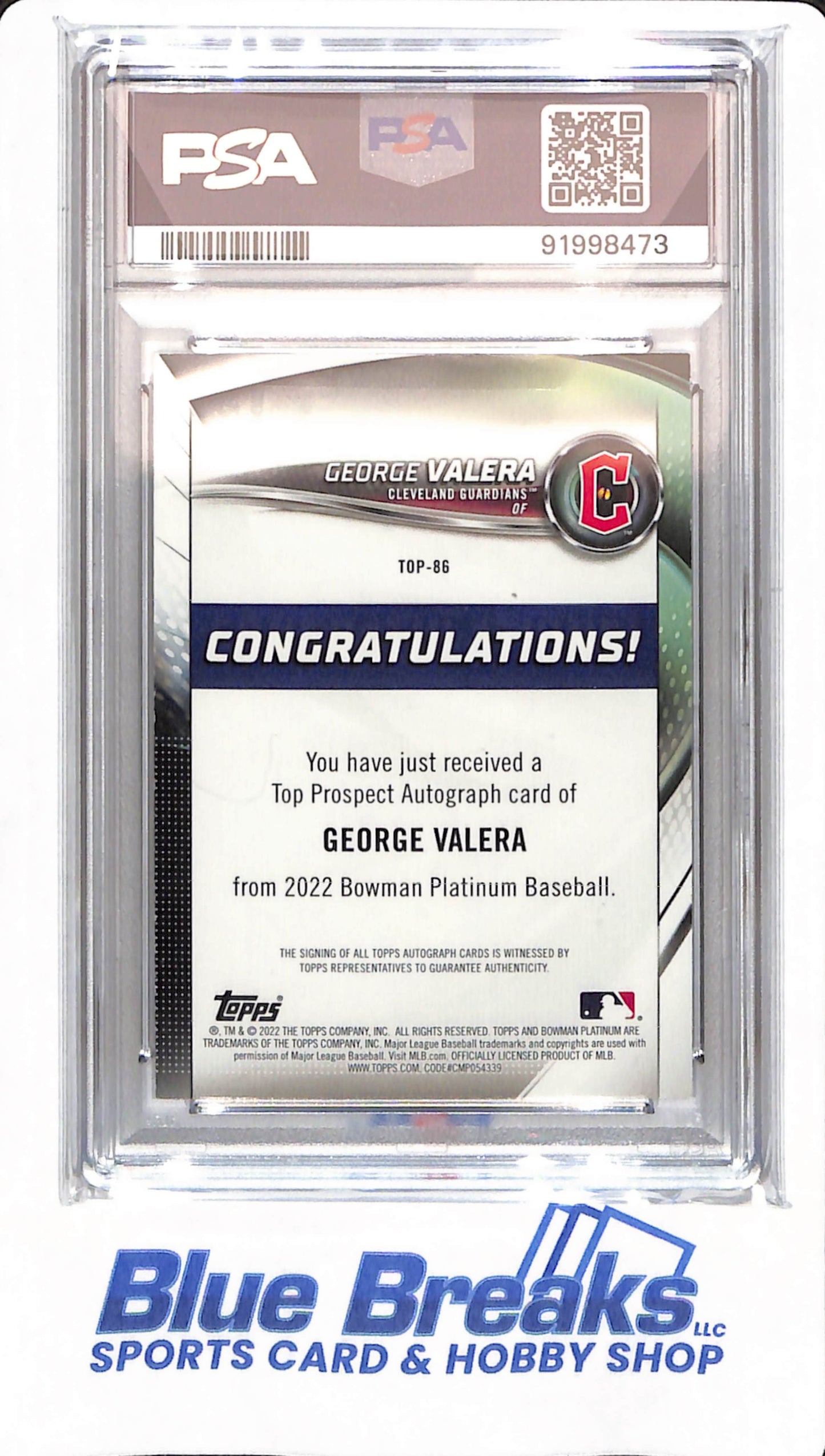 2022 Bowman Platinum - George Valera - # TOP86 - Cleveland Guardians - Baseball - PSA 8 - Autographed - Ice Pattern - 02/50