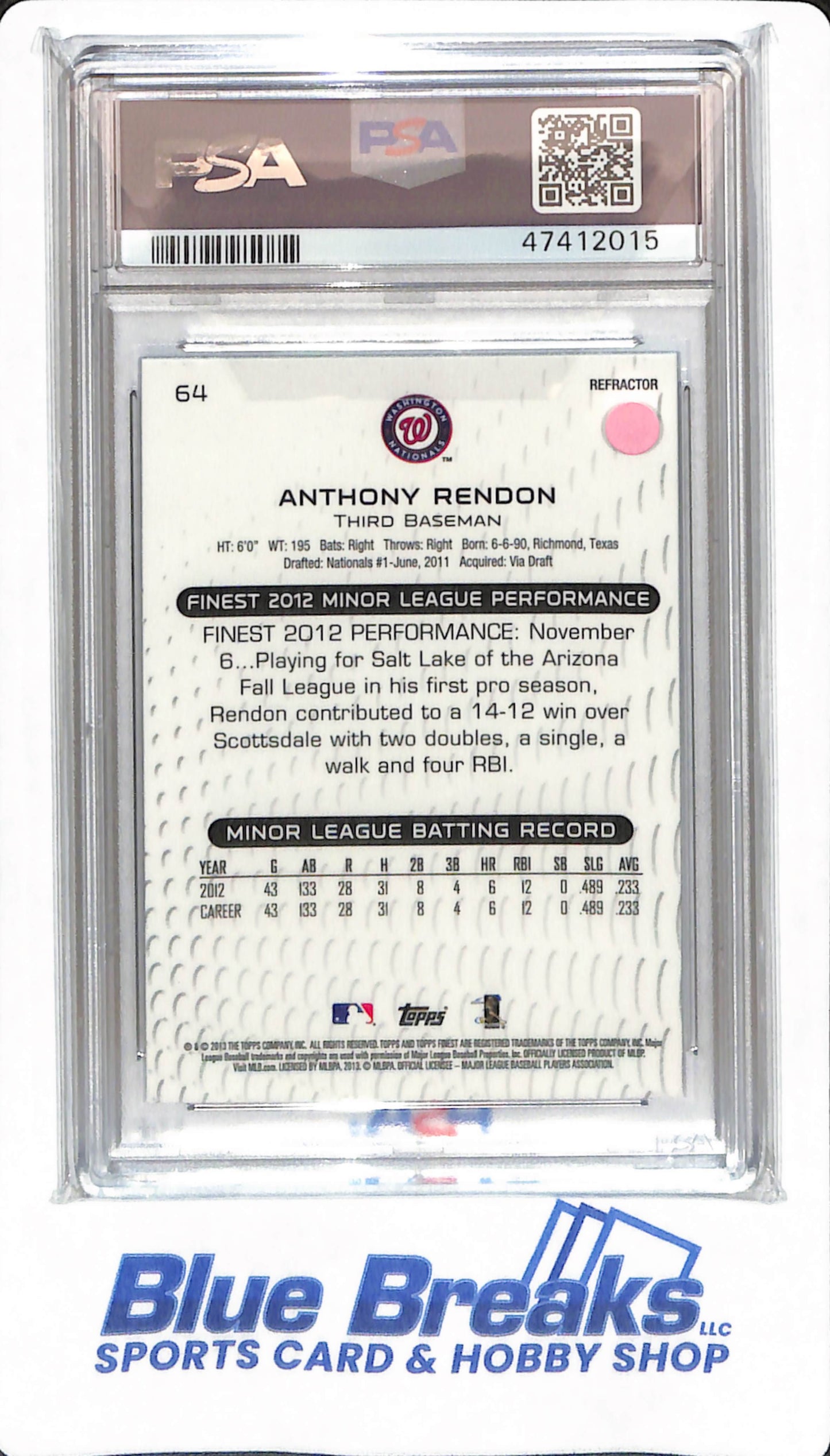 2013 Finest - Anthony Rendon - #64 - PSA 10 - Washington Nationals - Baseball - Refractor