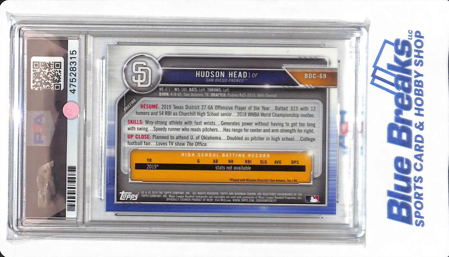 2019 Bowman Draft - Hudson Head - #BDC69 - PSA 9 - San Diego Chargers - Baseball - Chrome