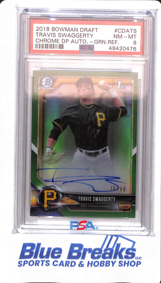 2018 Bowman Draft - Travis Swaggerty - # CDATS - Pittsburgh Pirates - Baseball - PSA 8 - Chrome Autographed Green Refractor - 70/99