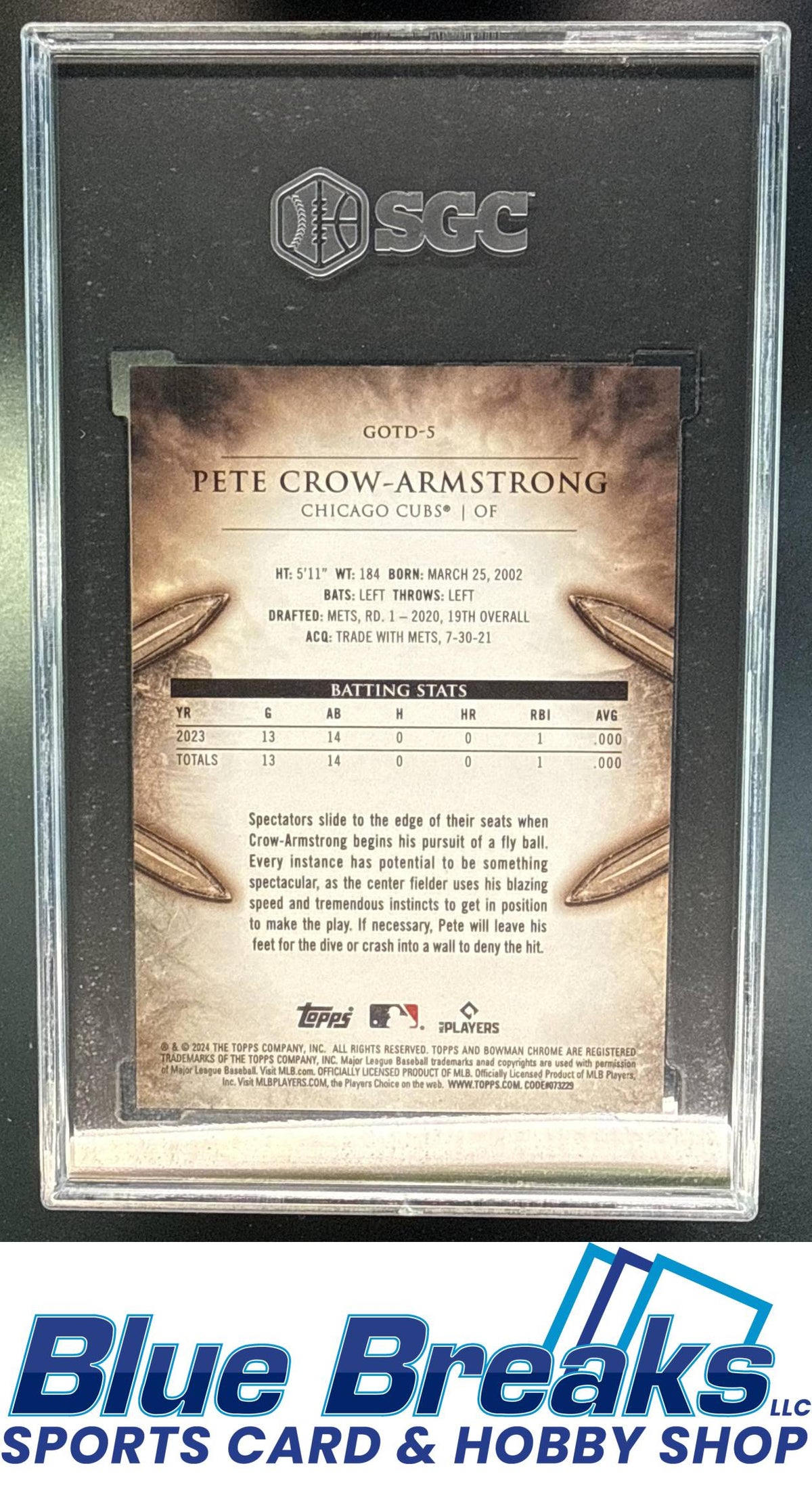 2024 Bowman Pete Crow-Armstrong #GOTD-5 Gladiators of the Diamond Chrome RC SGC 10 Chicago Cubs