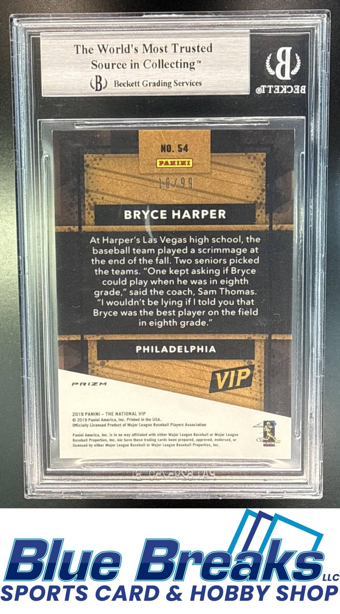 2019 Panini National Convention VIP Gold Packs Bryce Harper #54 Purple Cracked Ice Prizm /99 BGS 9 Philadelphia Phillies