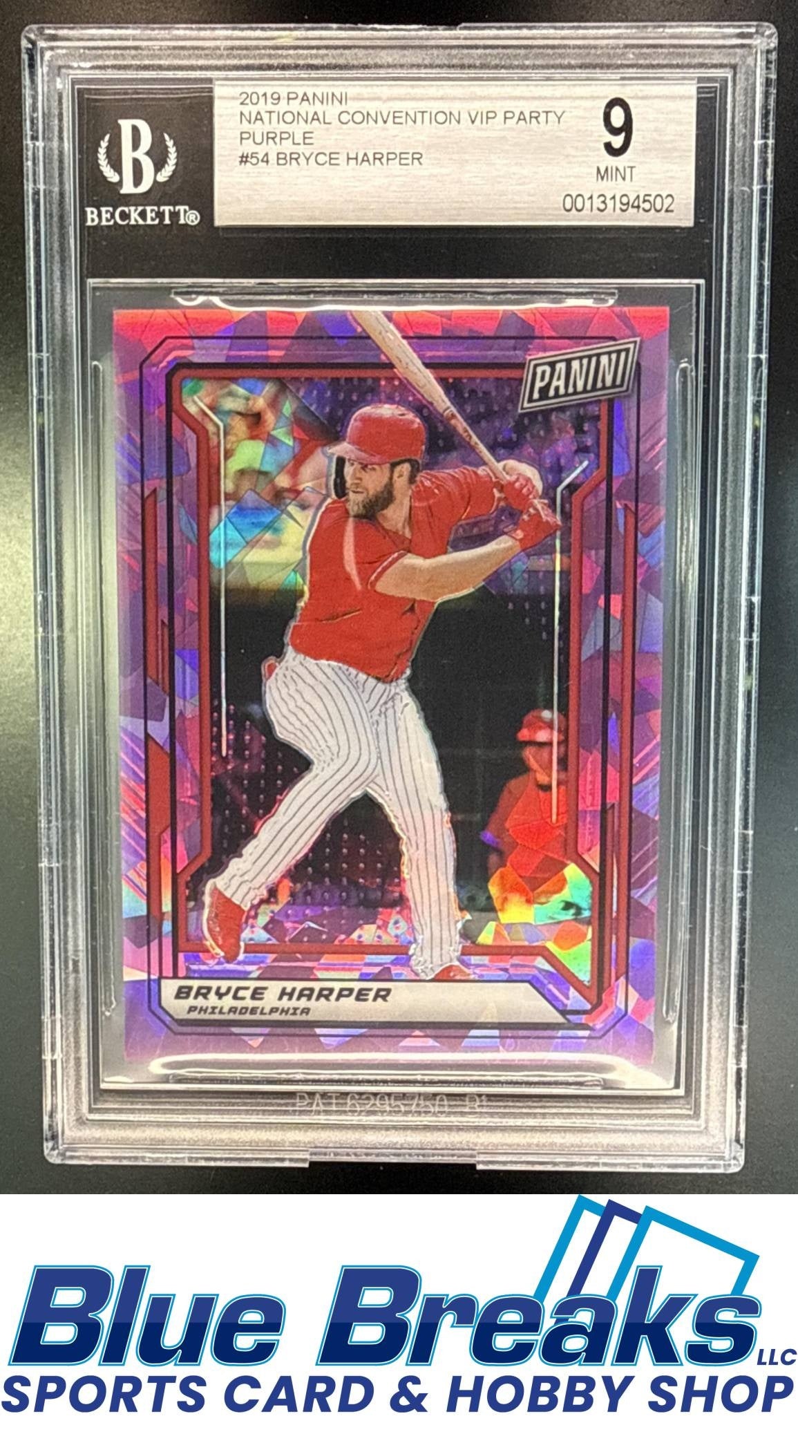 2019 Panini National Convention VIP Gold Packs Bryce Harper #54 Purple Cracked Ice Prizm /99 BGS 9 Philadelphia Phillies