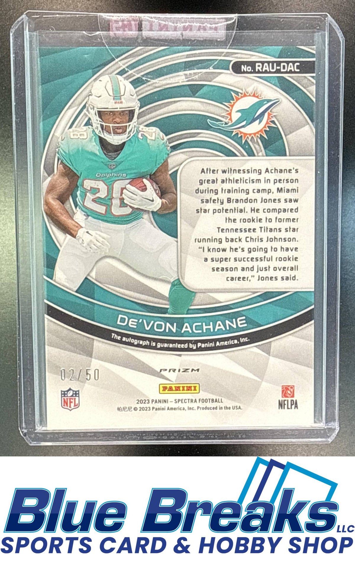 2023 Panini Spectra De'Von Achane #RAU-DAC Rookie Auto Neon Blue 02/50 RC Miami Dolphins