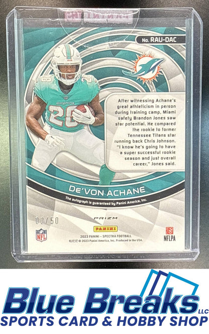2023 Panini Spectra De'Von Achane #RAU-DAC Rookie Auto Neon Blue 02/50 RC Miami Dolphins