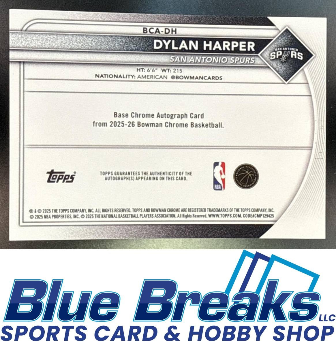 2025 Bowman Dylan Harper #BCA-DH Chrome Auto Purple Refractor 102/250 RC San Antonio Spurs