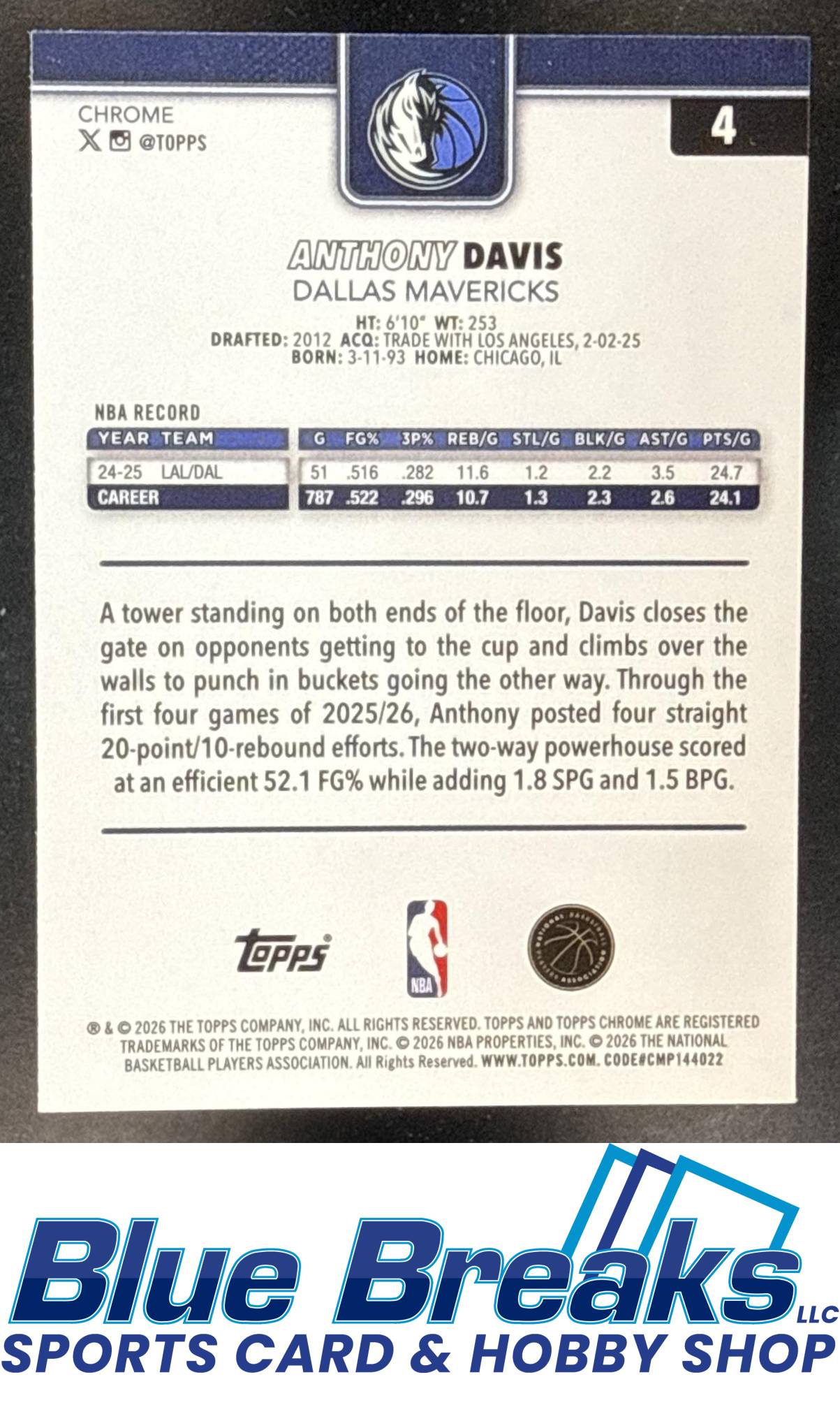 2025 Topps Chrome Update Anthony Davis #4 Image Variation Speckle Refractor Dallas Mavericks