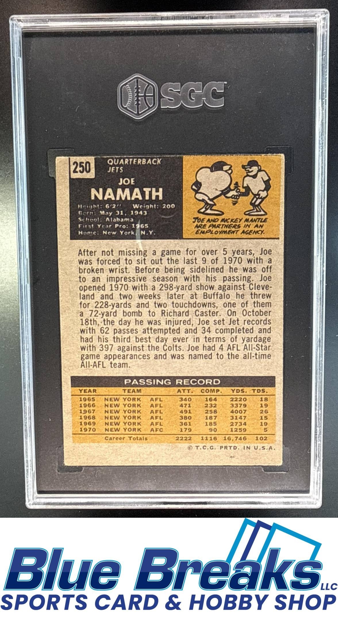 1971 Topps Joe Namath #250 SGC 3 New York Jets