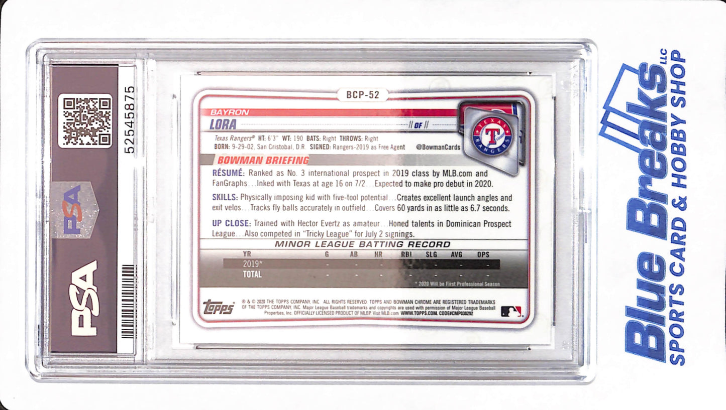 2020 Bowman Chrome - Bayron Lora - # BCP52 - PSA 10 - Baseball - Texas Rangers - Prospects