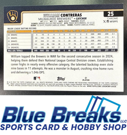 2025 Topps Chrome LogoFractor William Contreras #25 Green Refractor 94/99 Milwaukee Brewers