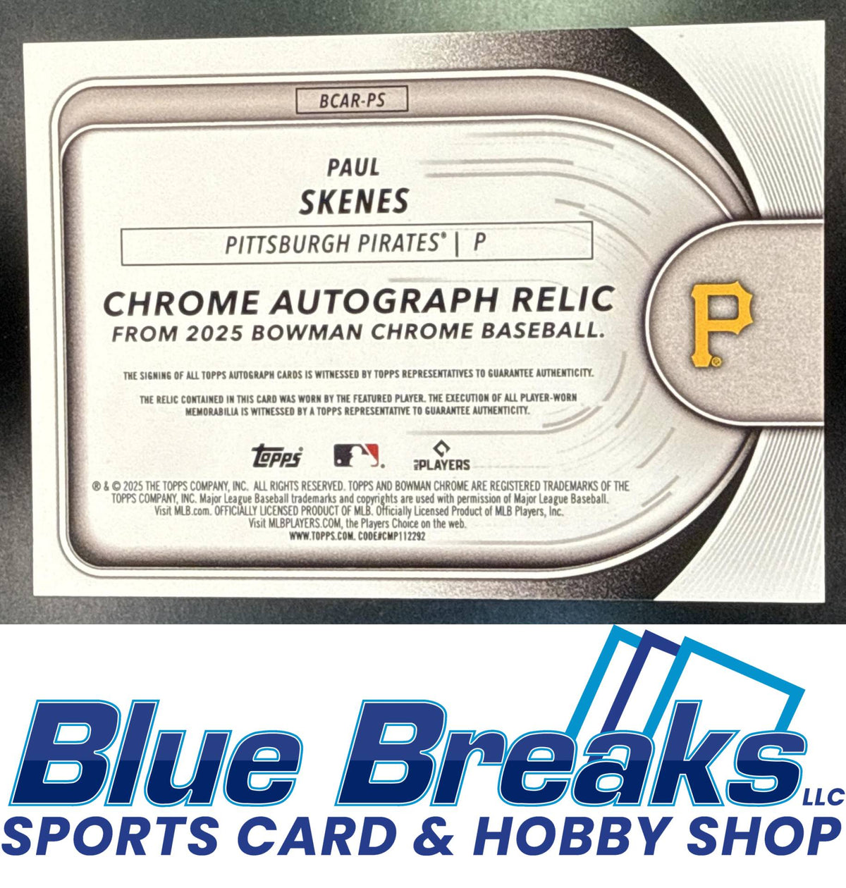 2025 Bowman Chrome Paul Skenes #BCAR-PS Auto Relic Gold Refractor 02/50 Pittsburgh Pirates