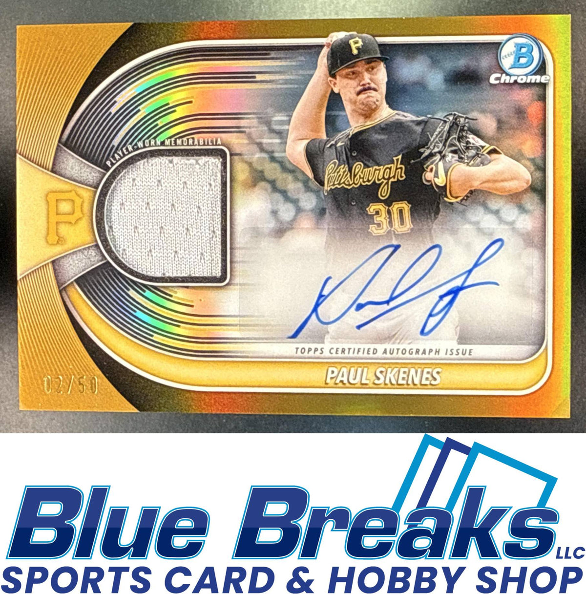 2025 Bowman Chrome Paul Skenes #BCAR-PS Auto Relic Gold Refractor 02/50 Pittsburgh Pirates