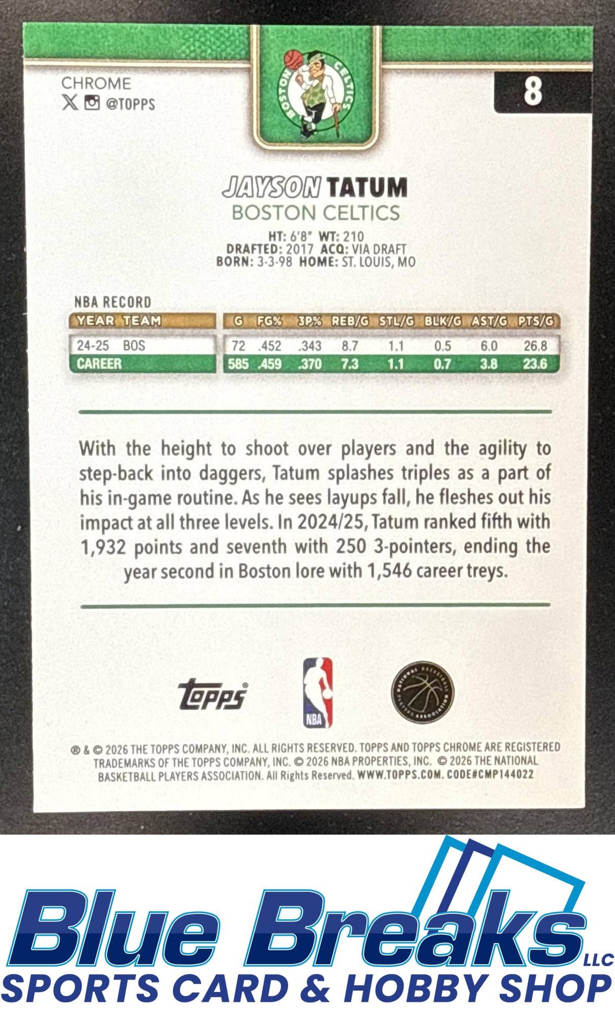 2025 Topps Chrome Update Jayson Tatum #8 Negative Refractor Boston Celtics