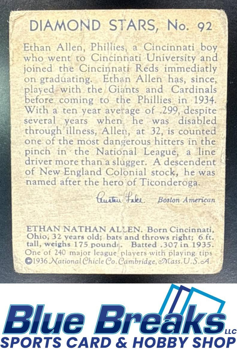 1936 National Chicle Diamond Stars R327 Ethan Allen #92