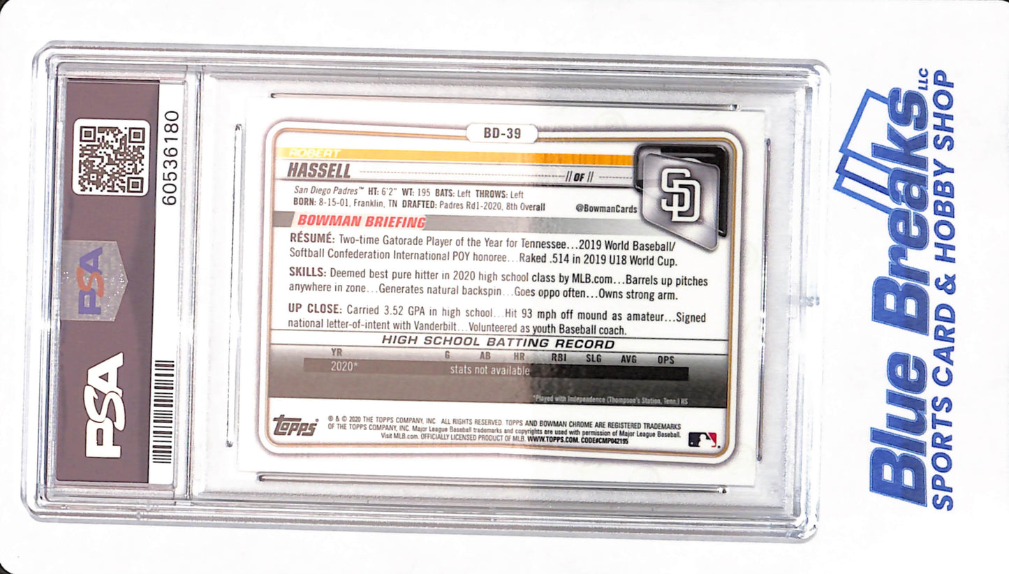 2020 Bowman Draft - Robert Hassell - # BD39 - PSA 10 - Baseball - San Diego Padres - Chrome