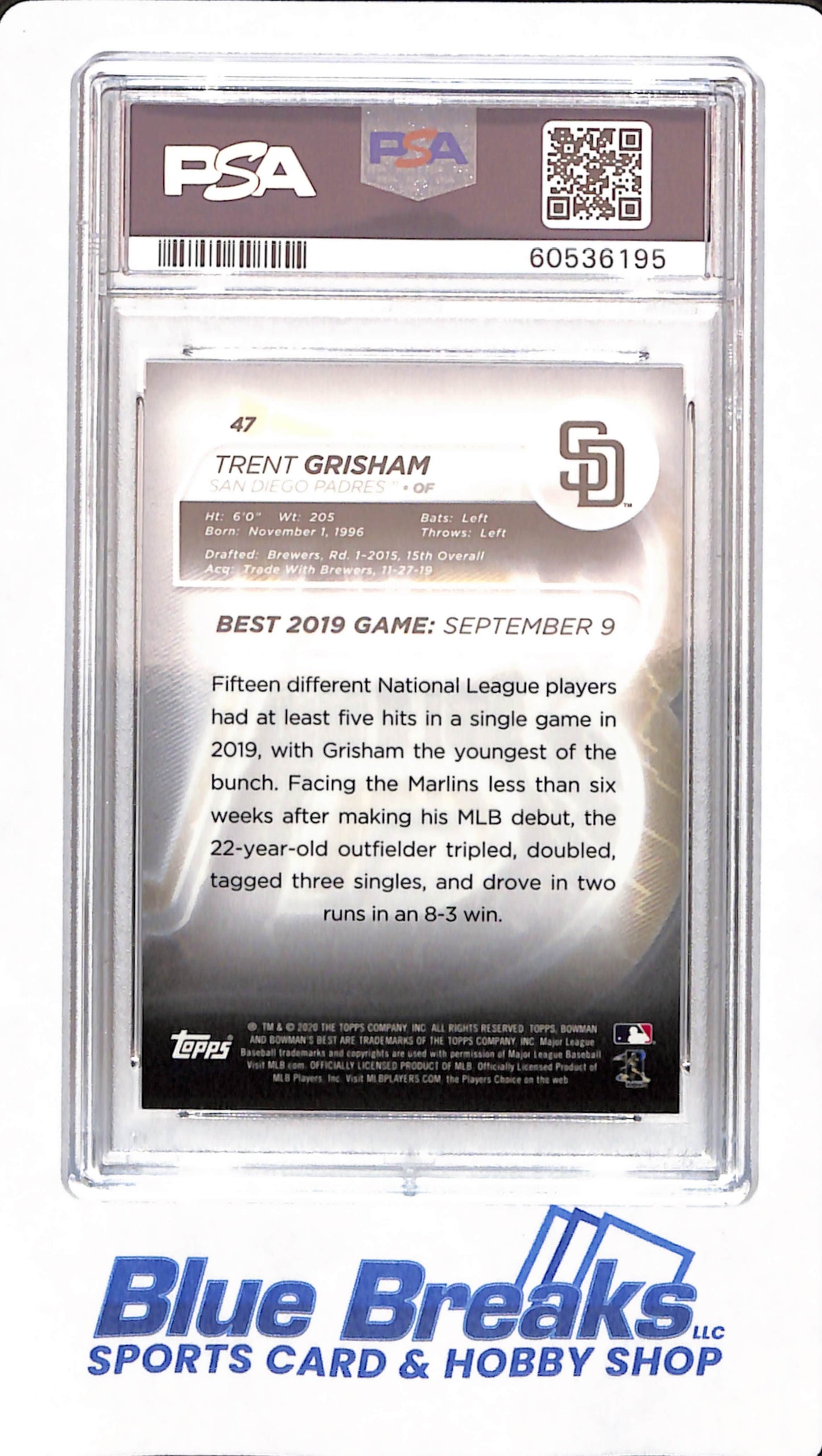 2020 Bowman's Best - Trent Grisham - # 47 - Baseball - PSA 9 - Purple Refractor - 76/250 - San Diego Padres