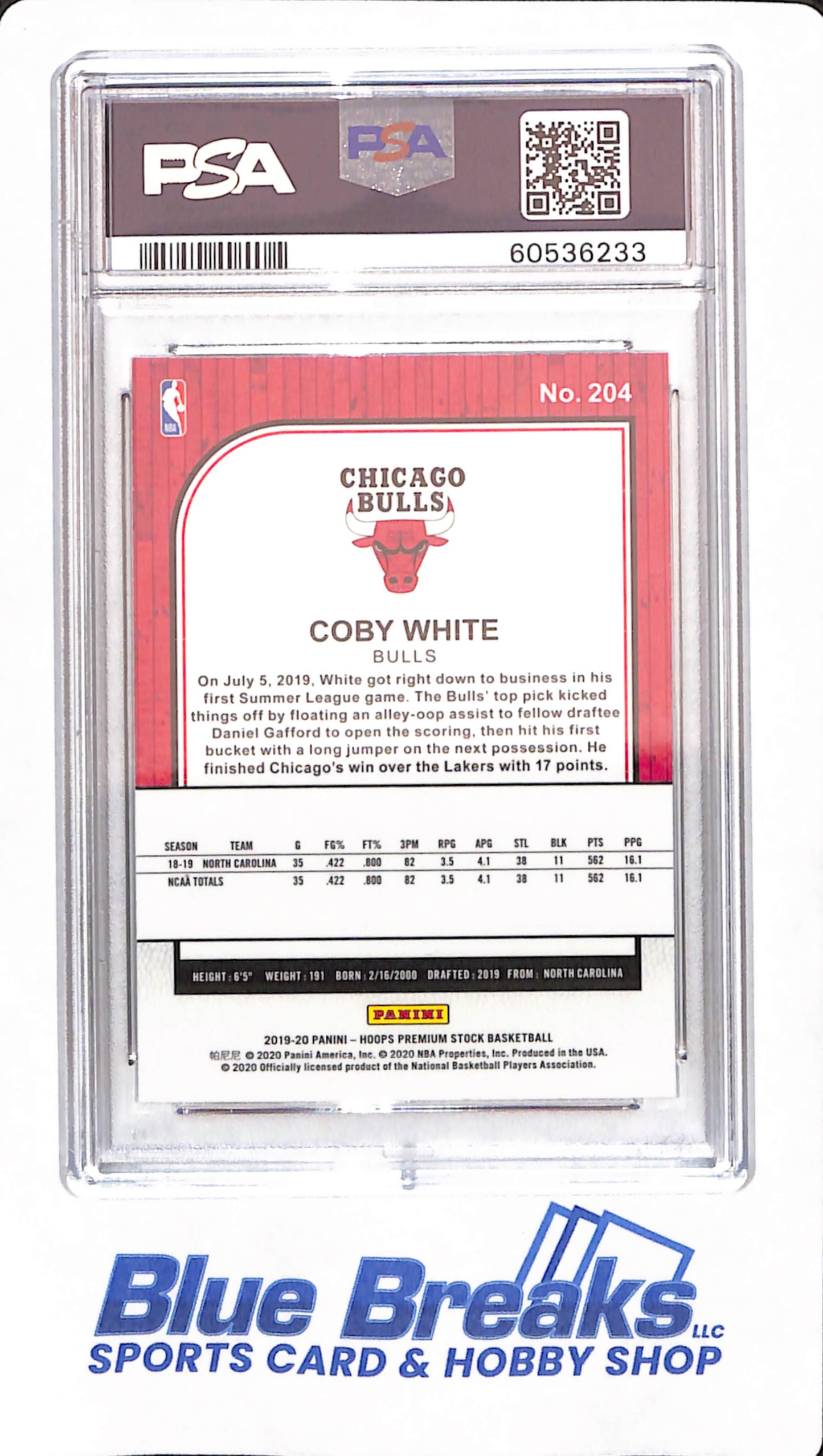 2019 Hoops Premium Stock - Coby White - # 204 - PSA 10 - Basketball - Chicago Bulls - Rookie