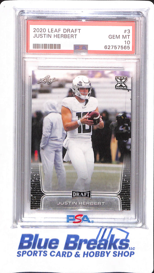 2020 Leaf Draft - Justin Herbert - # 3 - Football - Oregon Ducks - Los Angeles Chargers - PSA 10