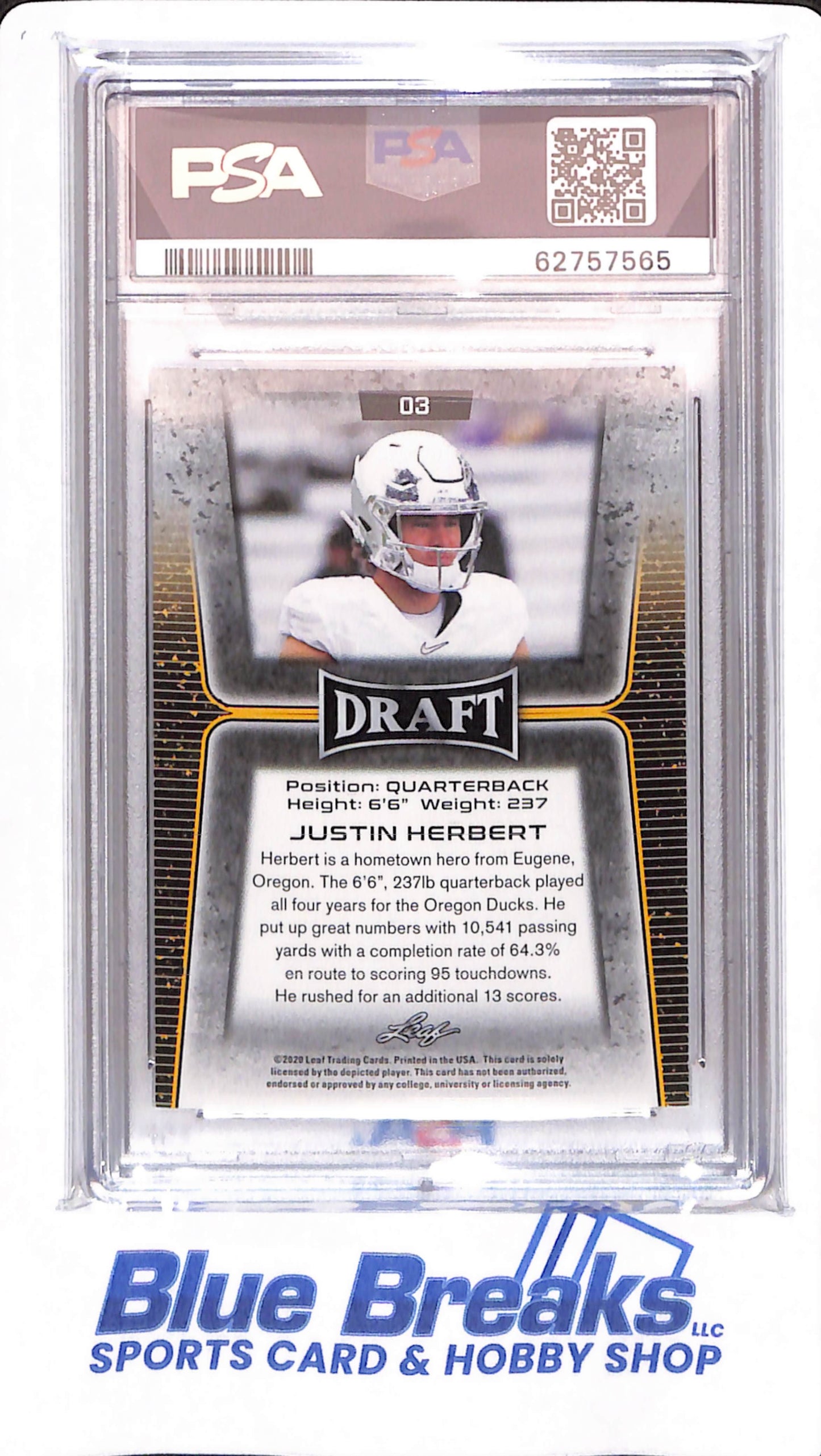 2020 Leaf Draft - Justin Herbert - # 3 - Football - Oregon Ducks - Los Angeles Chargers - PSA 10