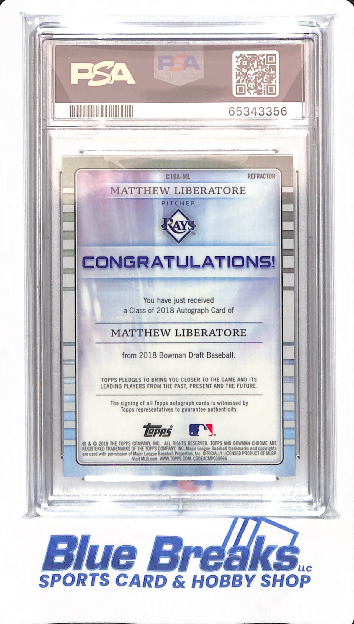 2018 Bowman Draft - Matthew Liberatore - # ML - Tampa Bay Rays - Baseball - PSA 10 - Autographed - Class of 2018 Chrome