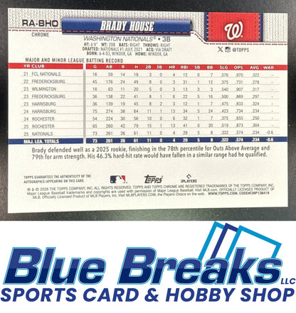 2026 Topps Chrome LogoFractor Brady House #RA-BHO Rookie Auto Blue Refractor 044/150 RC Washington Nationals