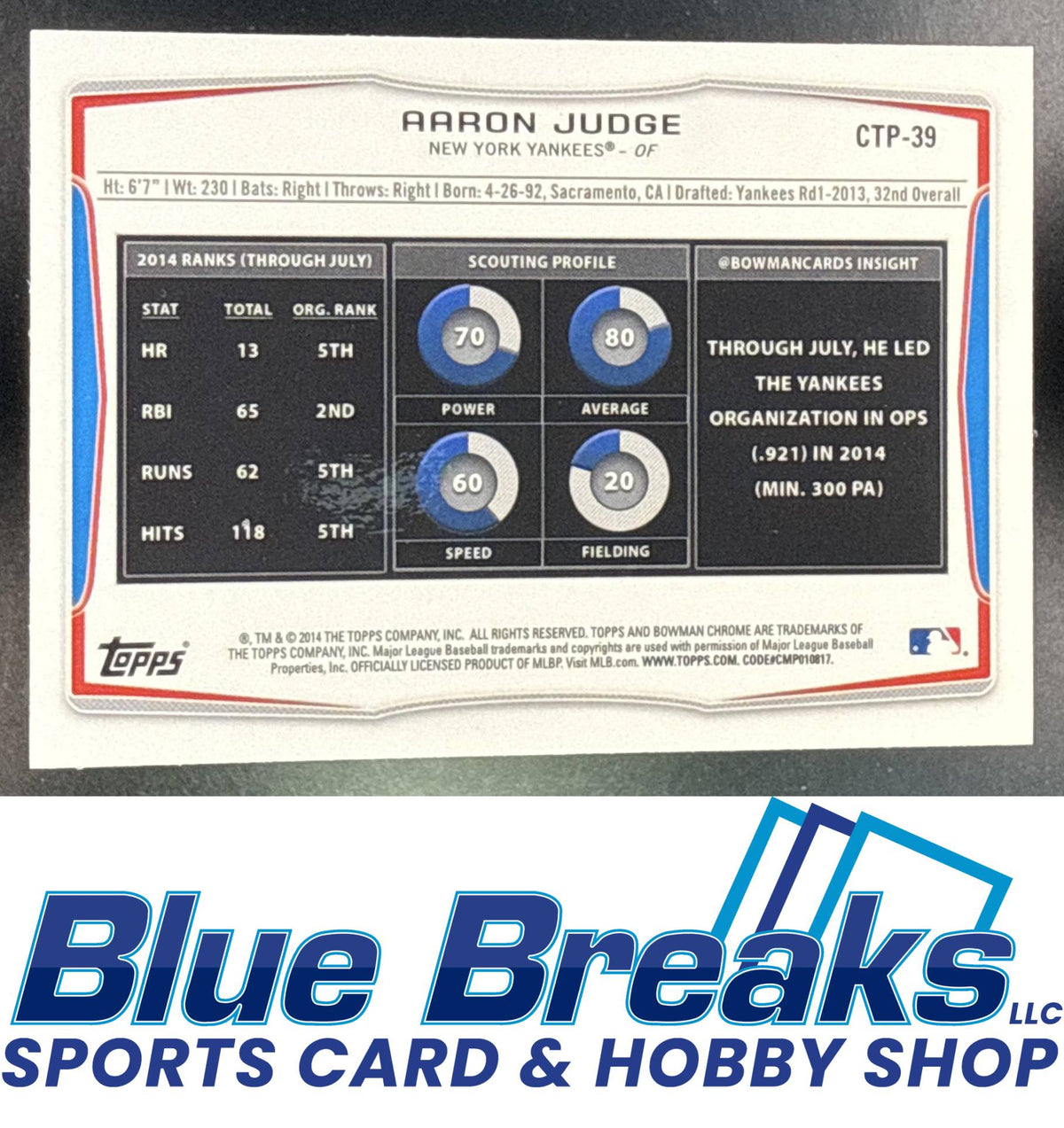2014 Bowman Draft Chrome Top Prospects Aaron Judge [RC] #CTP-39 New York Yankees