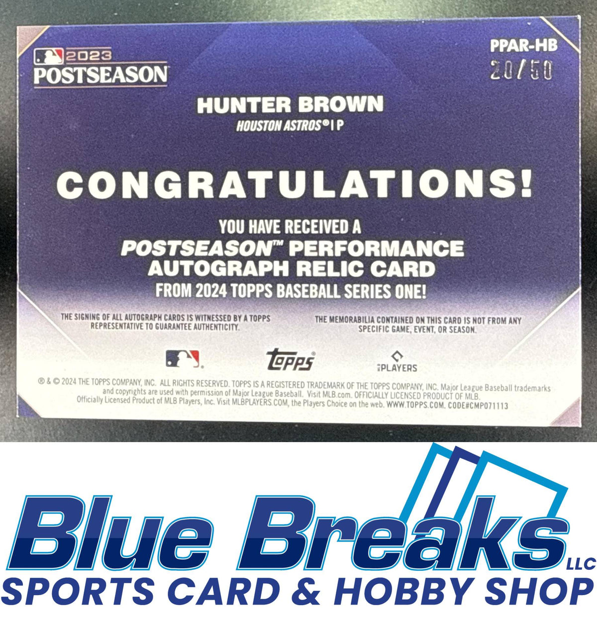 2024 Topps Series One Hunter Brown #PPAR-HB Postseason Performance Auto Relic 20/50 Houston Astros