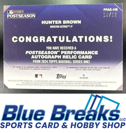 2024 Topps Series One Hunter Brown #PPAR-HB Postseason Performance Auto Relic 20/50 Houston Astros