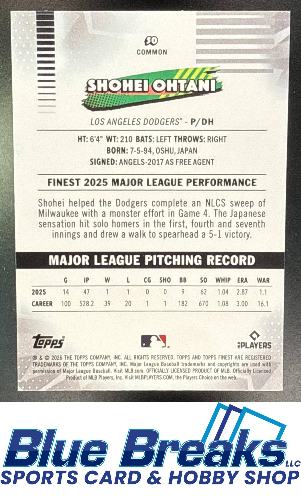 2026 Topps Finest Common Shohei Ohtani #50a Los Angeles Dodgers