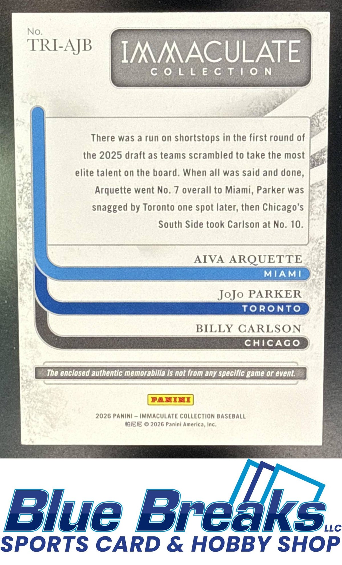 2026 Panini Immaculate Collection JoJo Parker Aiva Arquette Billy Carlson #TRI-AJB Triple Memorabilia Holo Silver 13/25 Relic RC Miami Marlins Toronto Blue Jays Chicago White Sox