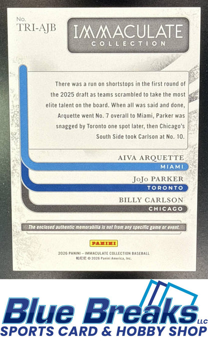 2026 Panini Immaculate Collection JoJo Parker Aiva Arquette Billy Carlson #TRI-AJB Triple Memorabilia Holo Silver 13/25 Relic RC Miami Marlins Toronto Blue Jays Chicago White Sox