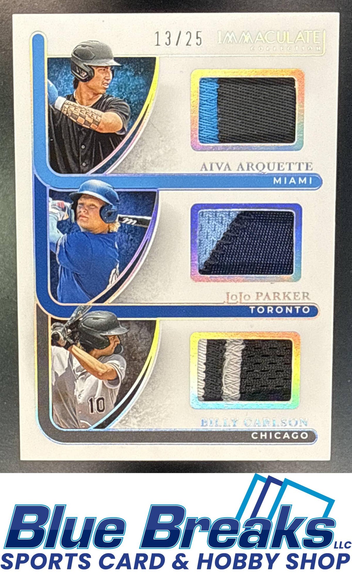 2026 Panini Immaculate Collection JoJo Parker Aiva Arquette Billy Carlson #TRI-AJB Triple Memorabilia Holo Silver 13/25 Relic RC Miami Marlins Toronto Blue Jays Chicago White Sox