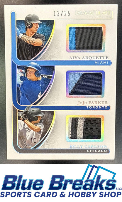 2026 Panini Immaculate Collection JoJo Parker Aiva Arquette Billy Carlson #TRI-AJB Triple Memorabilia Holo Silver 13/25 Relic RC Miami Marlins Toronto Blue Jays Chicago White Sox