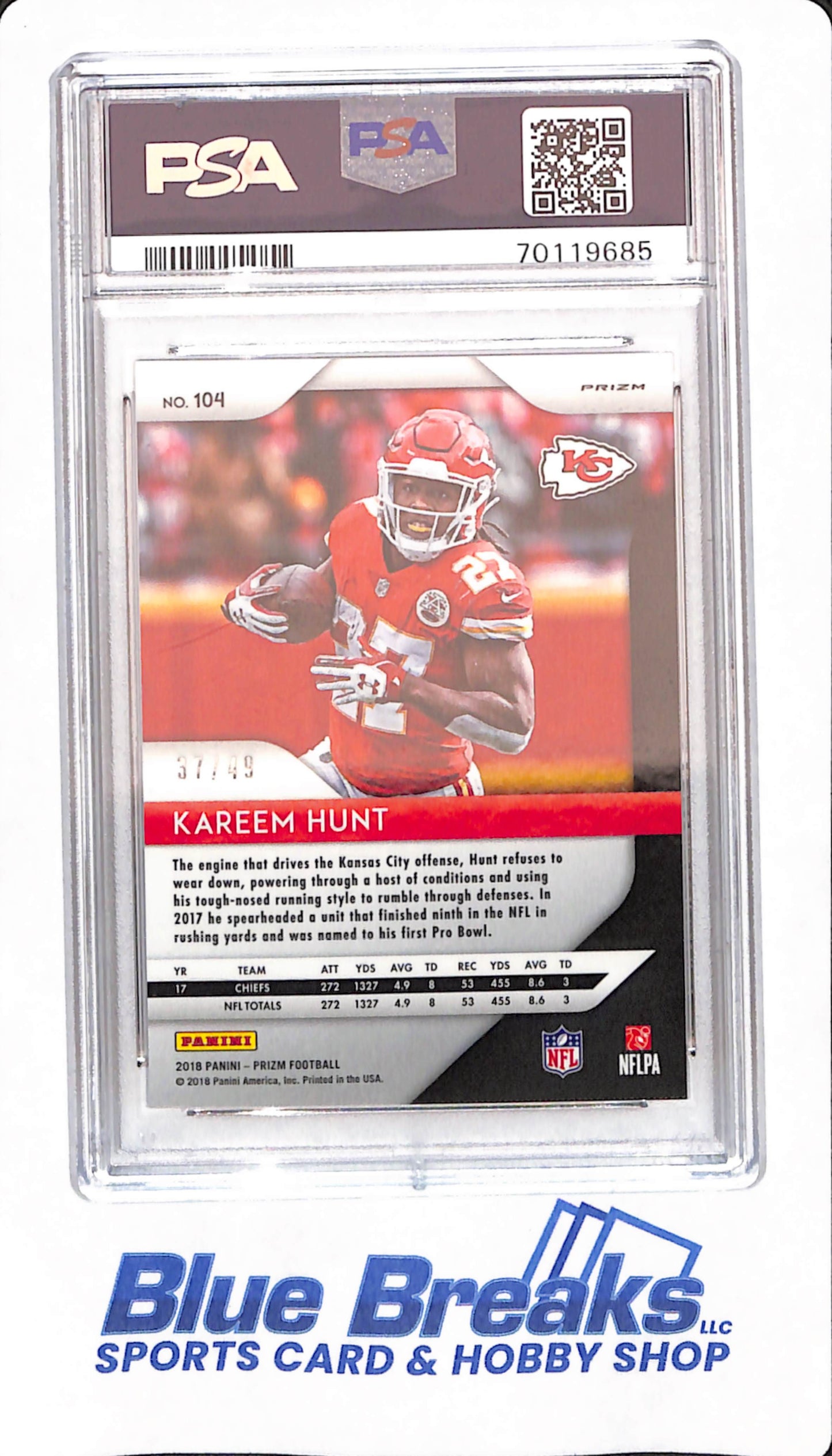 2018 Panini Prizm - Kareem Hunt - # 104 - Football - PSA 10 - Kansas City Chiefs - Purple Power Prizm - 37/49