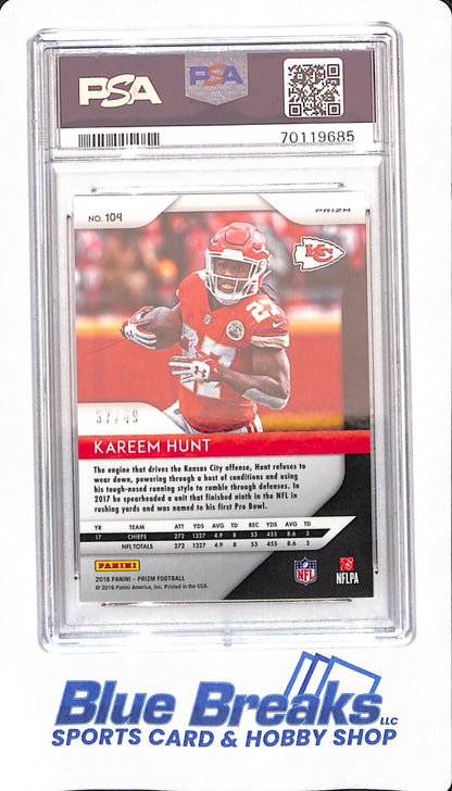 2018 Panini Prizm - Kareem Hunt - # 104 - Football - PSA 10 - Kansas City Chiefs - Purple Power Prizm - 37/49