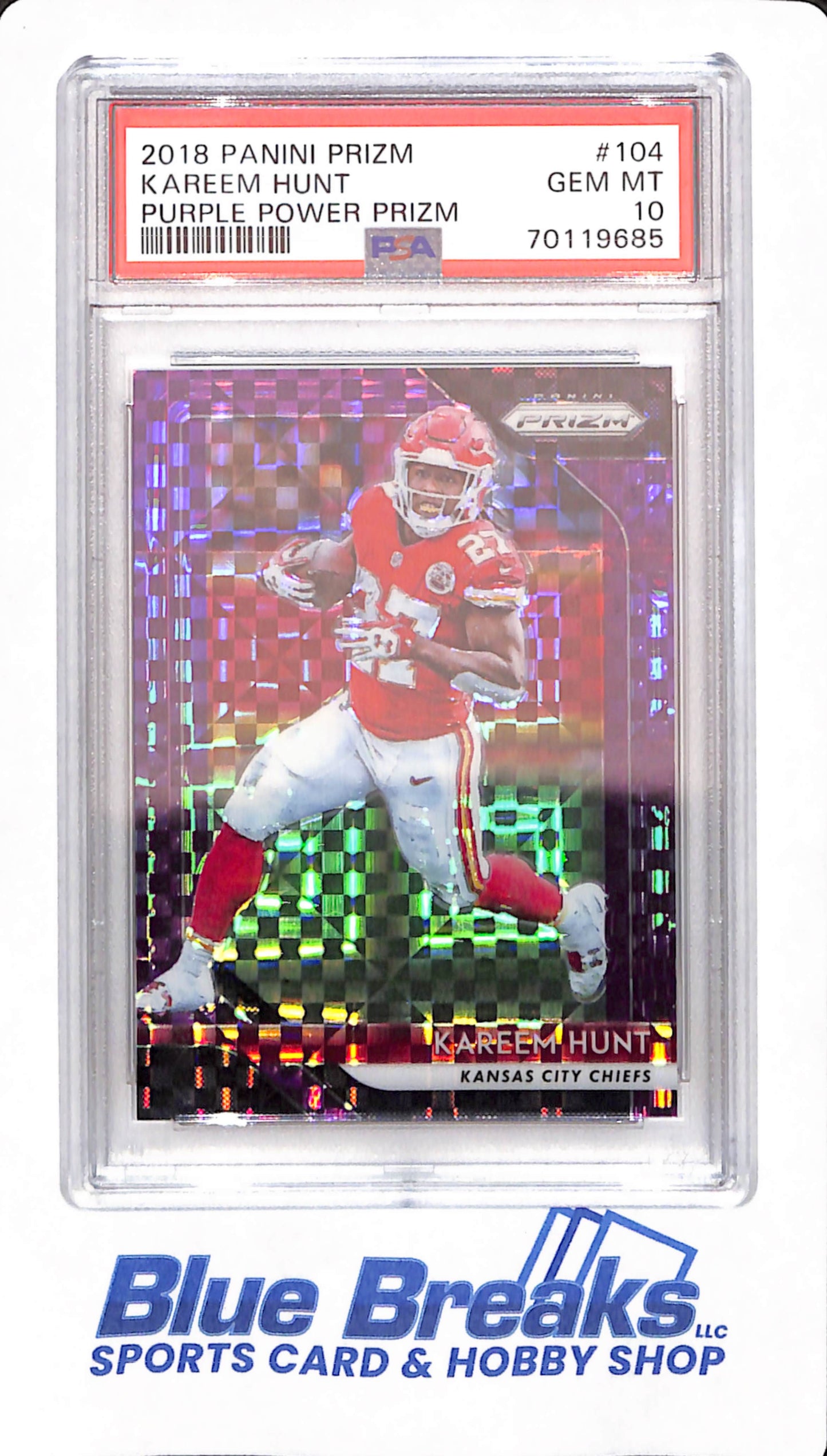 2018 Panini Prizm - Kareem Hunt - # 104 - Football - PSA 10 - Kansas City Chiefs - Purple Power Prizm - 37/49