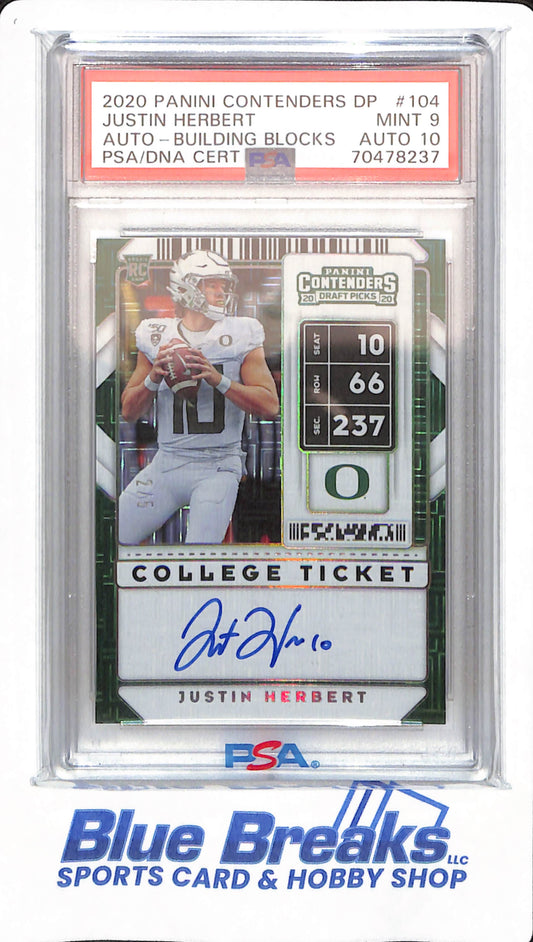 2020 Panini Contenders Draft Picks - Justin Herbert - # 104 - PSA 9 Auto 10 - Oregon Ducks - Los Angeles Charges - Building Blocks - Autographed - Green - RC - 2/5